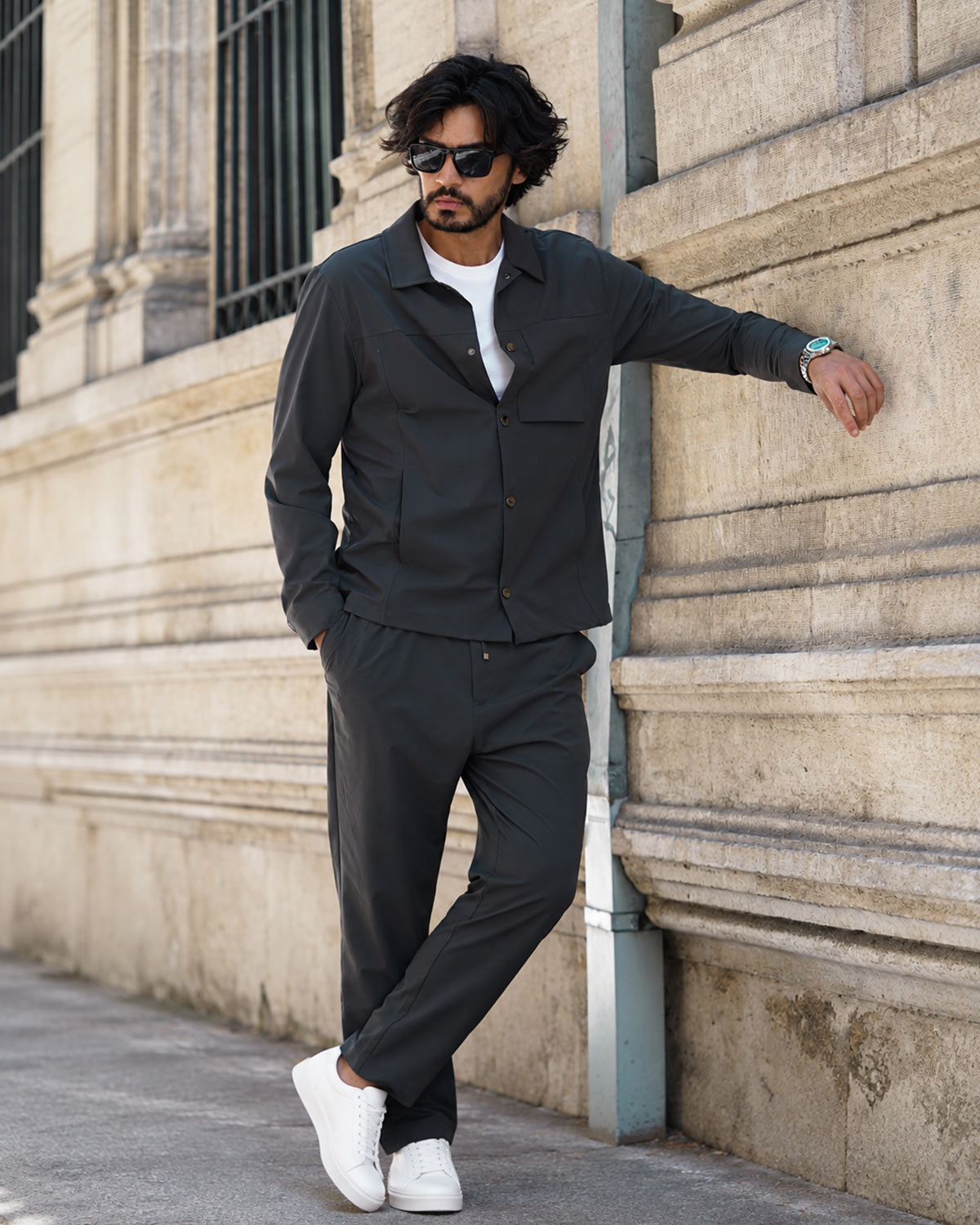 Haki Renk Polyester Teknik Overshirt