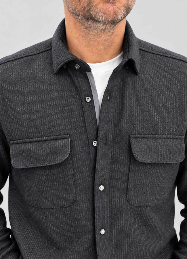ANTRASİT Renk Erkek Yün Karışımlı Çizgili Overshirt - 2