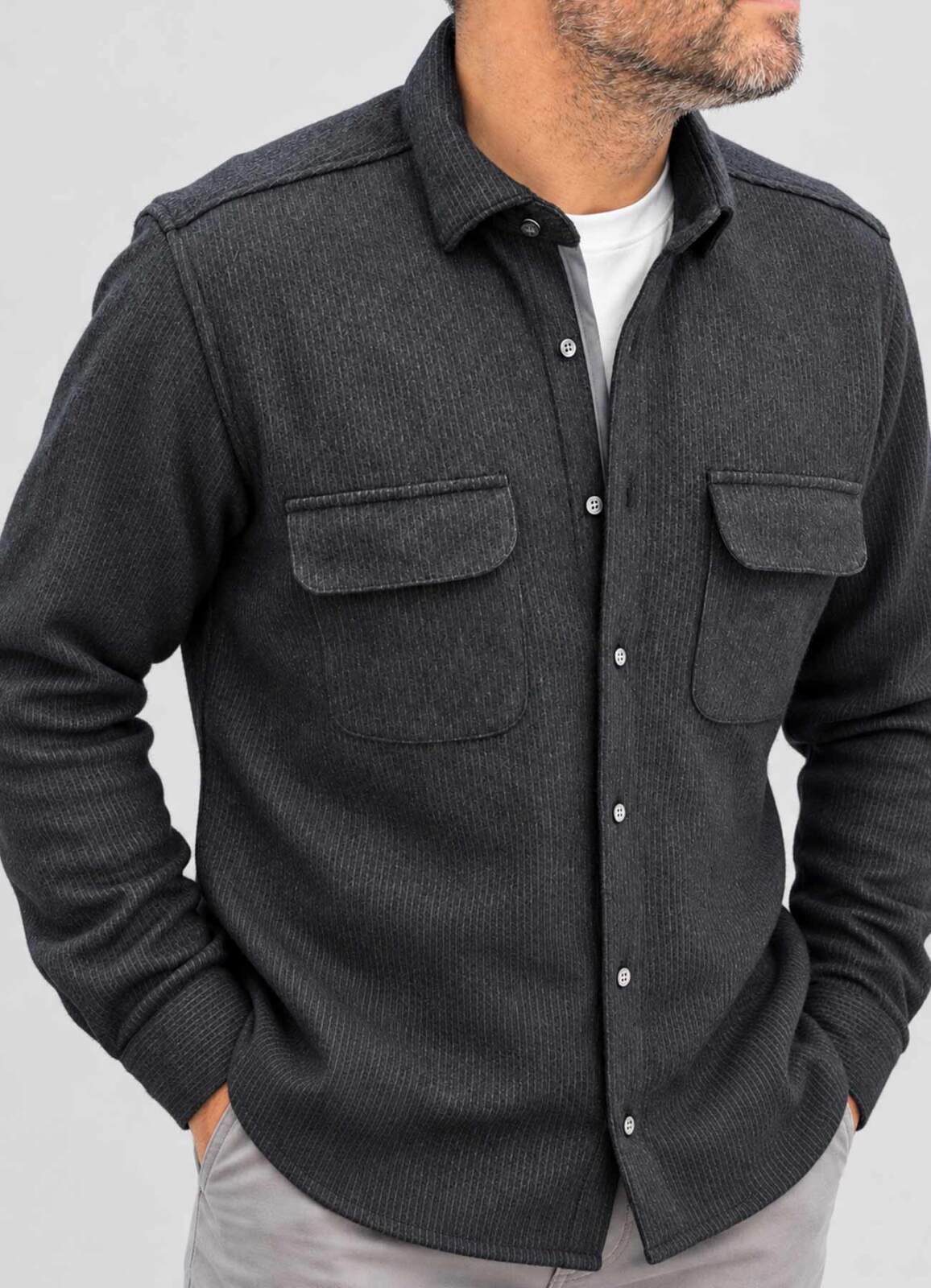 ANTRASİT Renk Erkek Yün Karışımlı Çizgili Overshirt