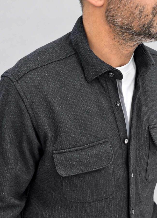 ANTRASİT Renk Erkek Yün Karışımlı Çizgili Overshirt - 3
