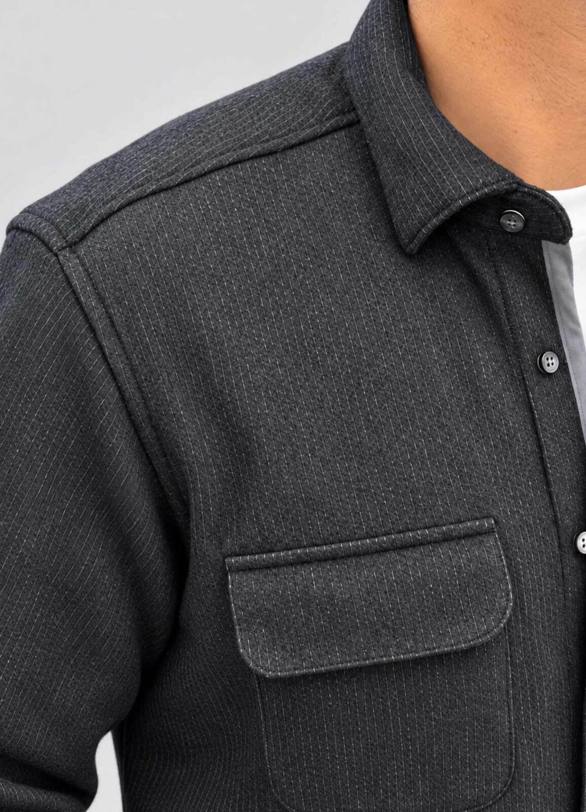 ANTRASİT Renk Erkek Yün Karışımlı Çizgili Overshirt - 4
