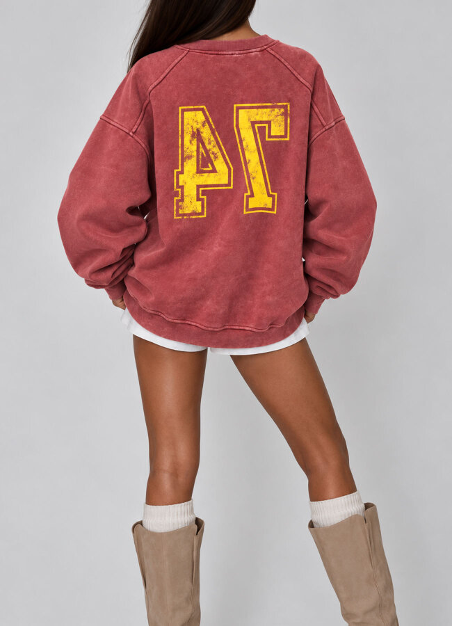 Bordo Renk Kadın Vintage Yıkamalı Baskılı Oversize Sweatshirt - 3