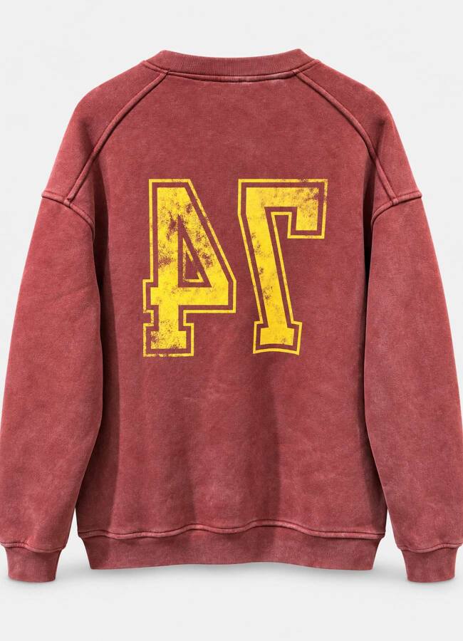 Bordo Vintage Erkek Yıkamalı Baskılı Oversize Sweatshirt - 2