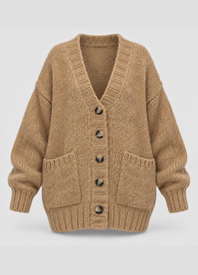 Camel Renk Kadın Yumuşak Dokulu Oversize Düğmeli Hırka 