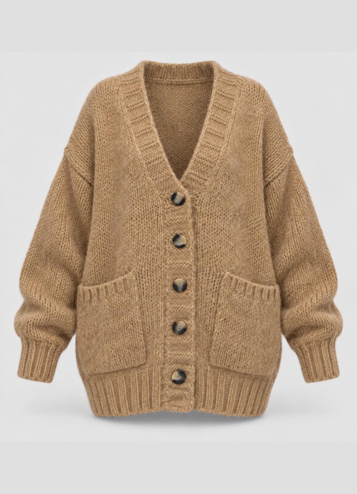 Camel Renk Kadın Yumuşak Dokulu Oversize Düğmeli Hırka