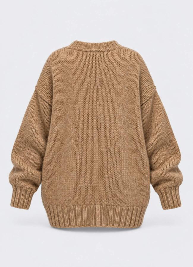 Camel Renk Kadın Yumuşak Dokulu Oversize Düğmeli Hırka - 4