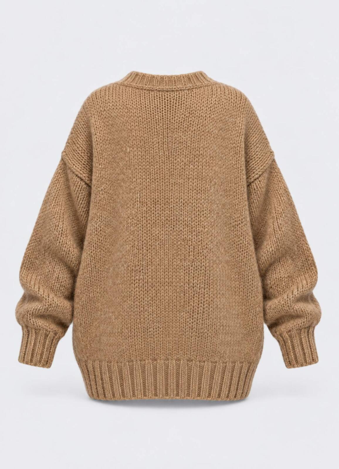Camel Renk Kadın Yumuşak Dokulu Oversize Düğmeli Hırka - 4