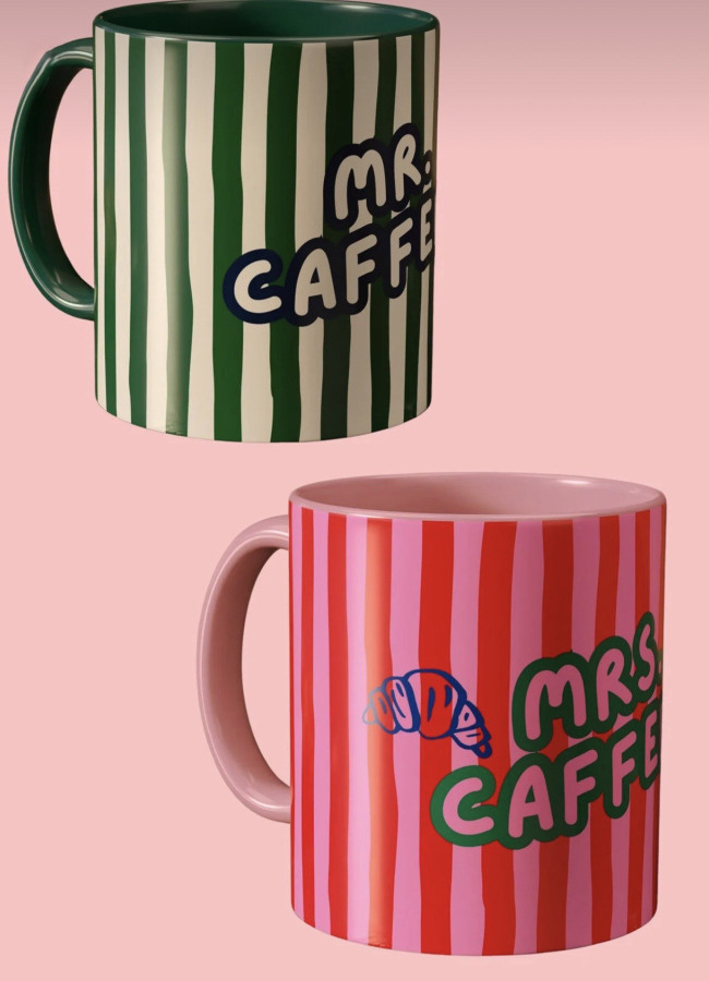 Çok Renkli Mrs. and Mr. Caffeine Temalı Porselen Tasarım Çiftler için 2'li Sevgili Kahve Kupası - 1