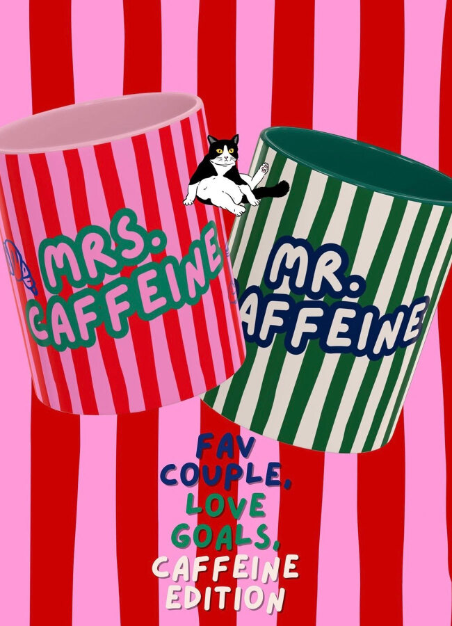 Çok Renkli Mrs. and Mr. Caffeine Temalı Porselen Tasarım Çiftler için 2'li Sevgili Kahve Kupası - 2