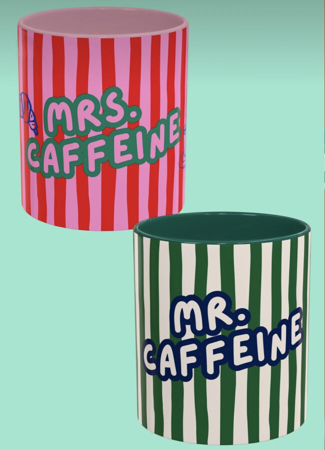 Çok Renkli Mrs. and Mr. Caffeine Temalı Porselen Tasarım Çiftler için 2'li Sevgili Kahve Kupası - 3