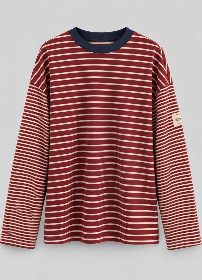 Ekru - Kırmızı Renk Erkek Çizgili Oversize Sweatshirt