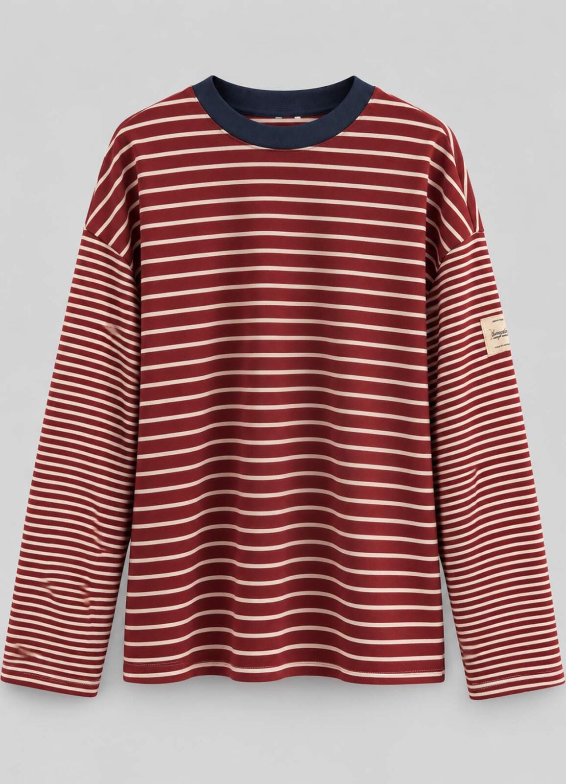 Ekru - Kırmızı Renk Erkek Çizgili Oversize Sweatshirt