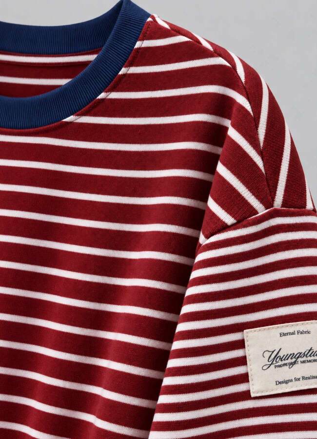 Ekru - Kırmızı Renk Erkek Çizgili Oversize Sweatshirt - 2