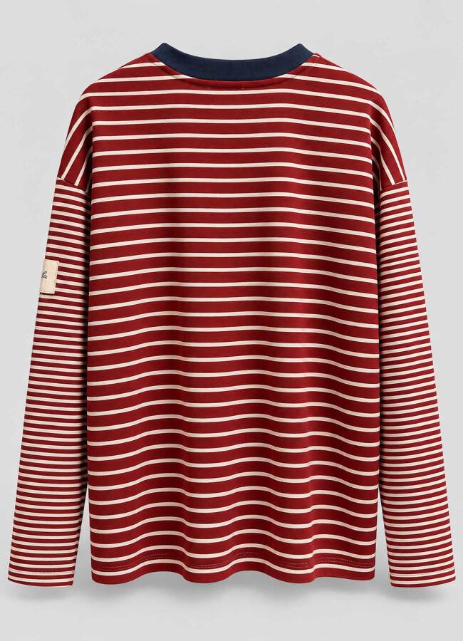 Ekru - Kırmızı Renk Kadın Çizgili Oversize Sweatshirt - 3