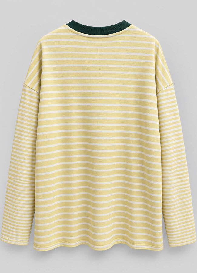 Ekru - Sarı Renk Erkek Çizgili Oversize Sweatshirt - 4