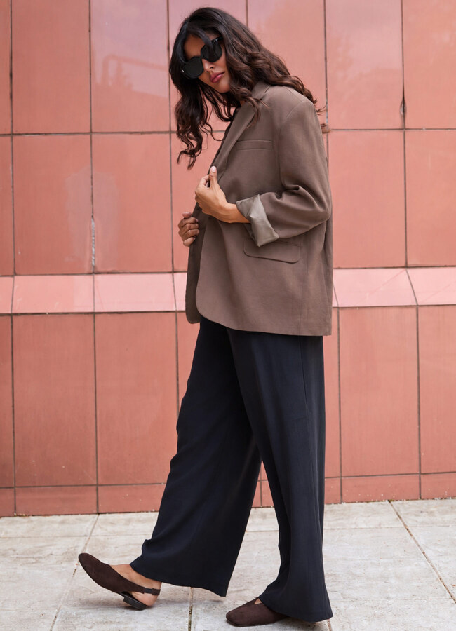 Kahve Renk Kadın Modal Oversize Blazer Ceket - 4