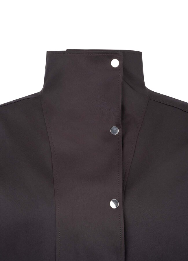 Kahve Renk Kadın Yüksek Yakalı Oversize Kısa Ceket - 2