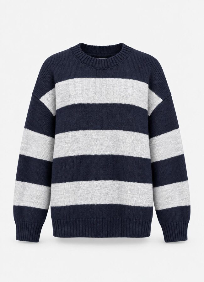 Lacivert Renk Kadın Oversize Çizgili Triko - 2