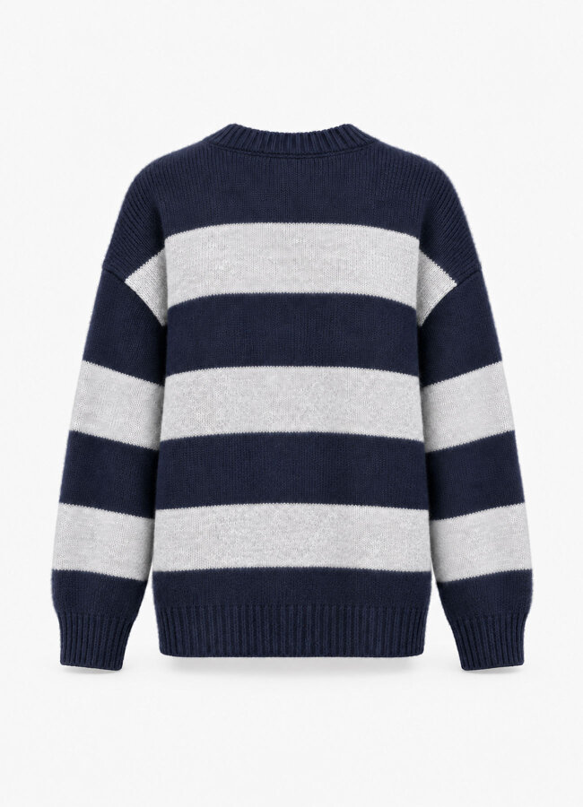 Lacivert Renk Kadın Oversize Çizgili Triko - 4
