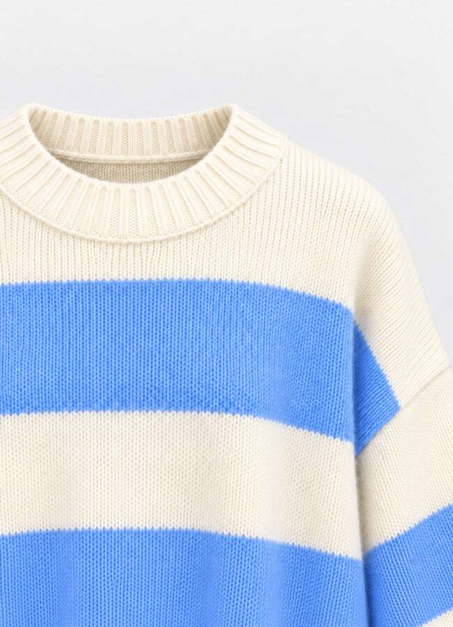 Mavi Renk Kadın Oversize Çizgili Triko - 3