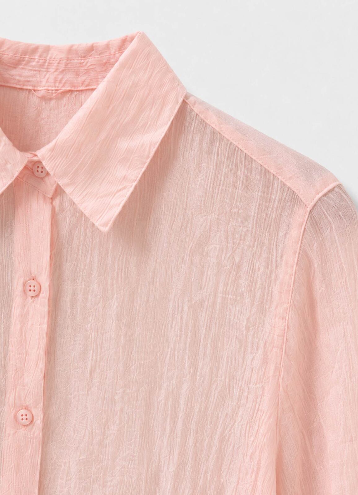Pembe Renk Kadın Crinkle Dokulu Transparan Gömlek - 2