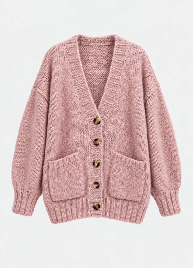 Pembe Renk Kadın Yumuşak Dokulu Oversize Düğmeli Hırka 