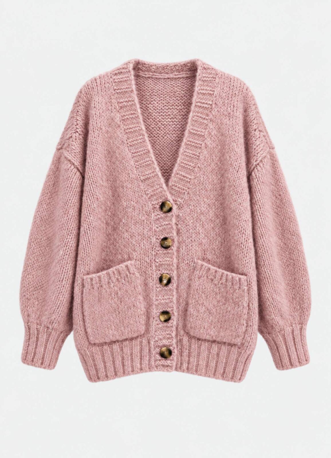 Pembe Renk Kadın Yumuşak Dokulu Oversize Düğmeli Hırka