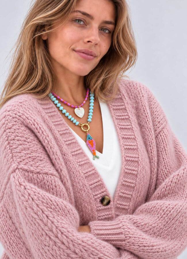 Pembe Renk Kadın Yumuşak Dokulu Oversize Düğmeli Hırka - 3