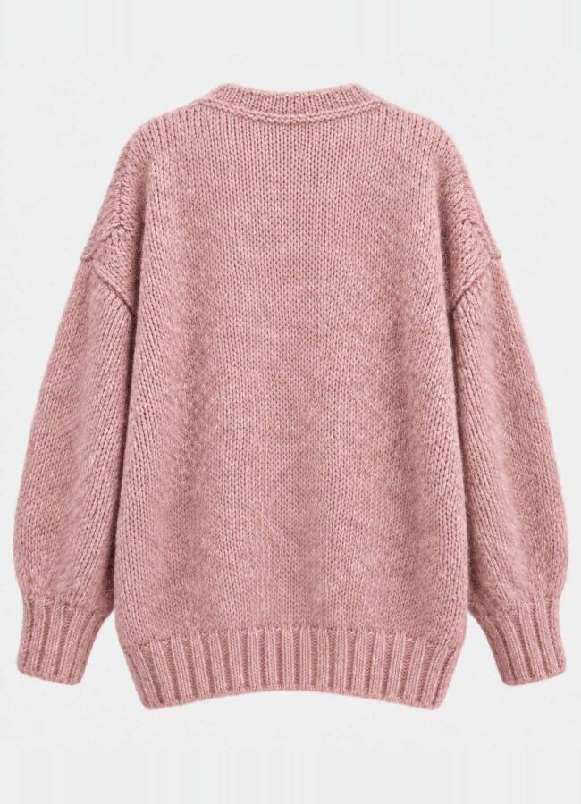 Pembe Renk Kadın Yumuşak Dokulu Oversize Düğmeli Hırka - 4