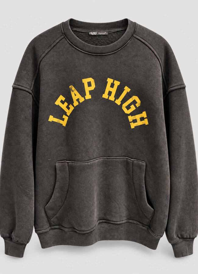 Siyah Renk Kadın Vintage Yıkamalı Baskılı Oversize Sweatshirt 