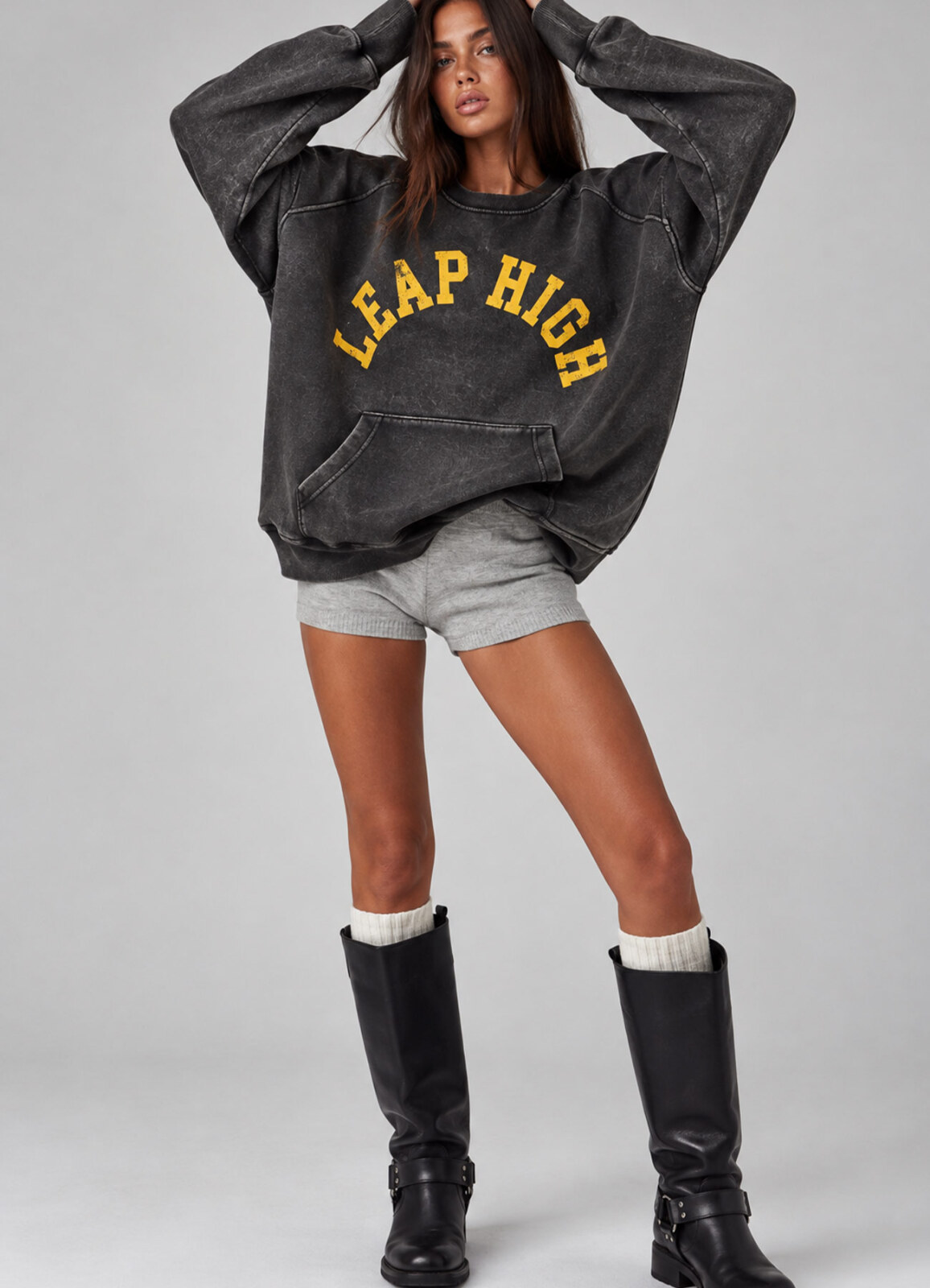 Siyah Renk Kadın Vintage Yıkamalı Baskılı Oversize Sweatshirt - 2