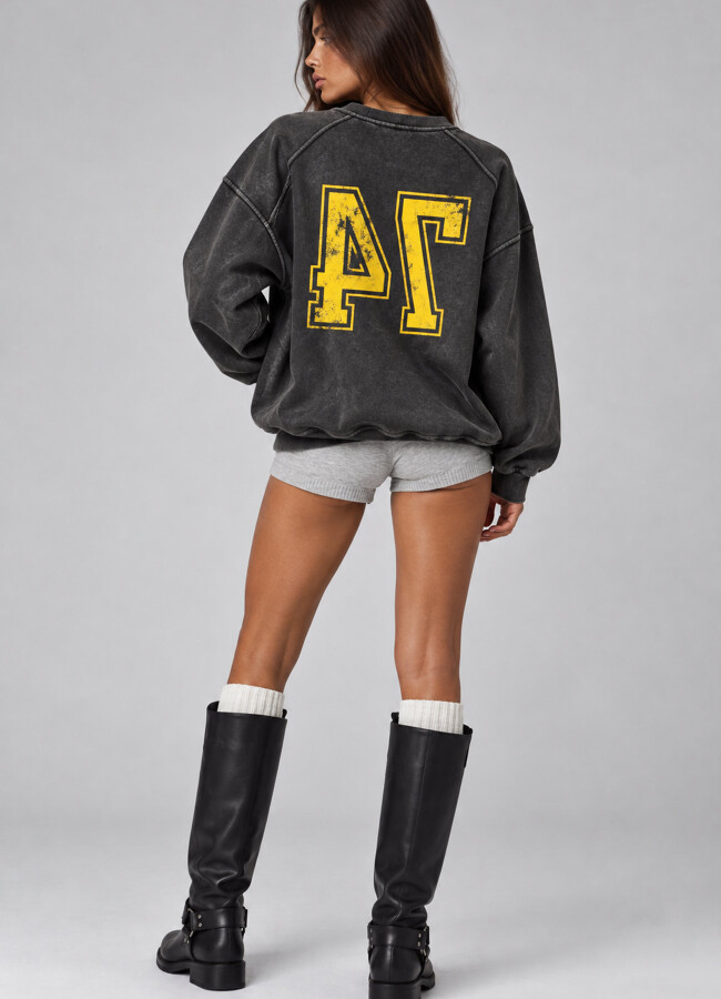 Siyah Renk Kadın Vintage Yıkamalı Baskılı Oversize Sweatshirt - 4