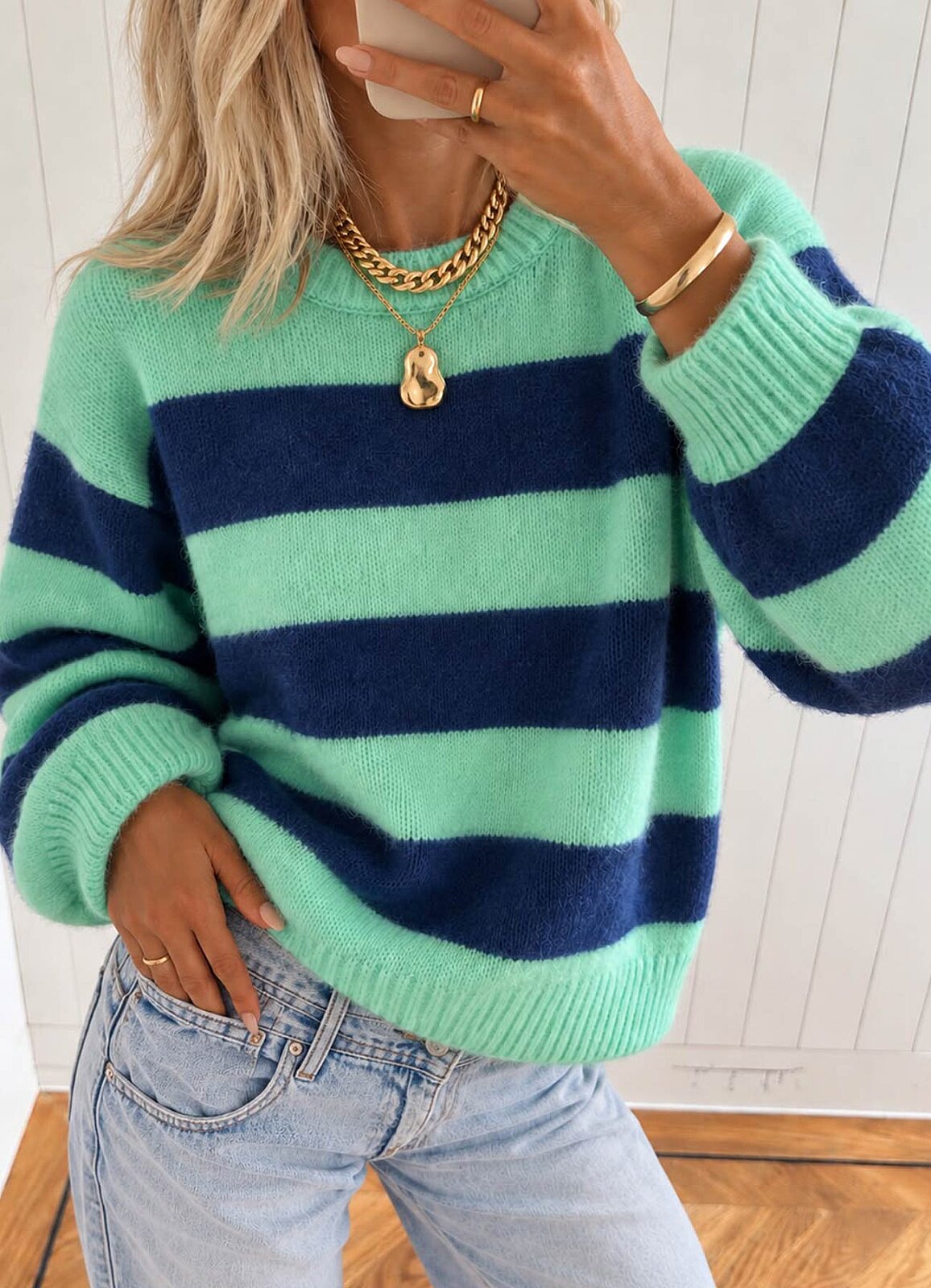 Yeşil Renk Kadın Oversize Çizgili Triko