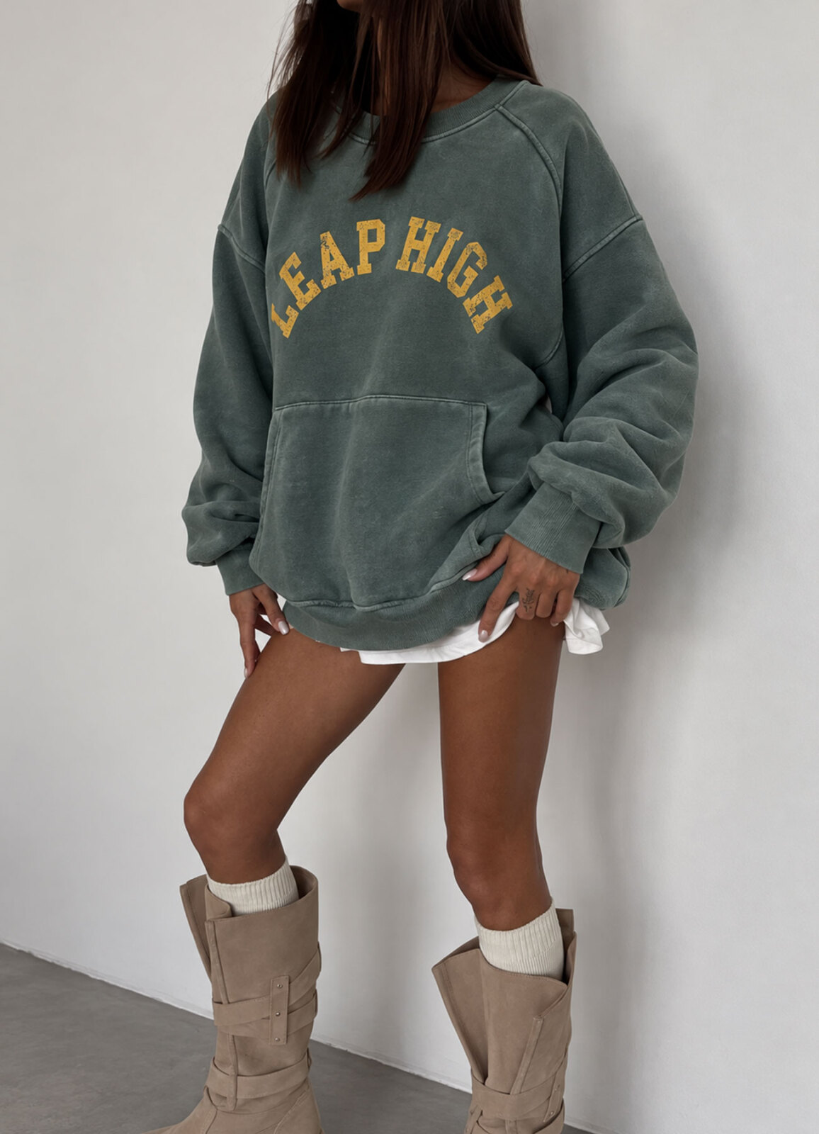 Yeşil Renk Kadın Vintage Yıkamalı Baskılı Oversize Sweatshirt - 2