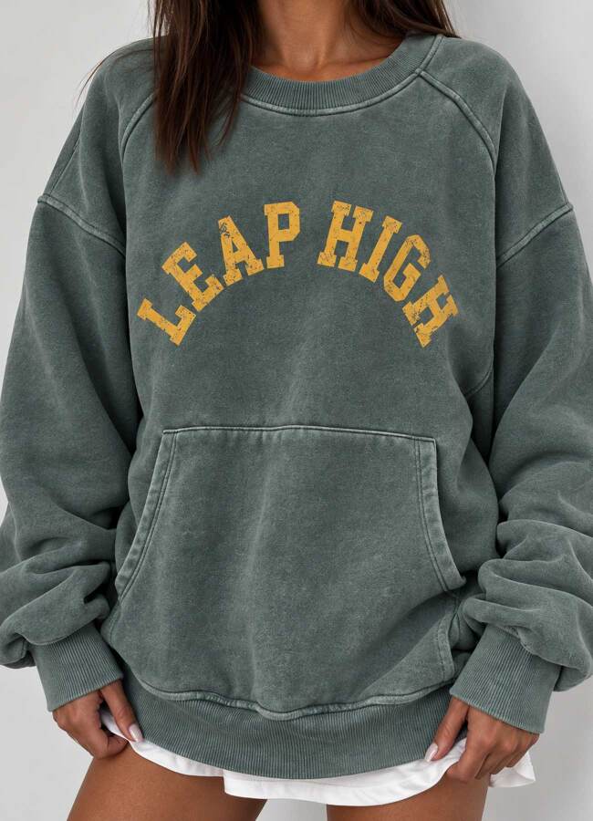 Yeşil Renk Kadın Vintage Yıkamalı Baskılı Oversize Sweatshirt - 3