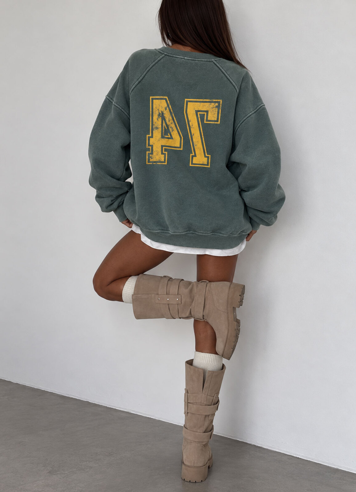 Yeşil Renk Kadın Vintage Yıkamalı Baskılı Oversize Sweatshirt - 4