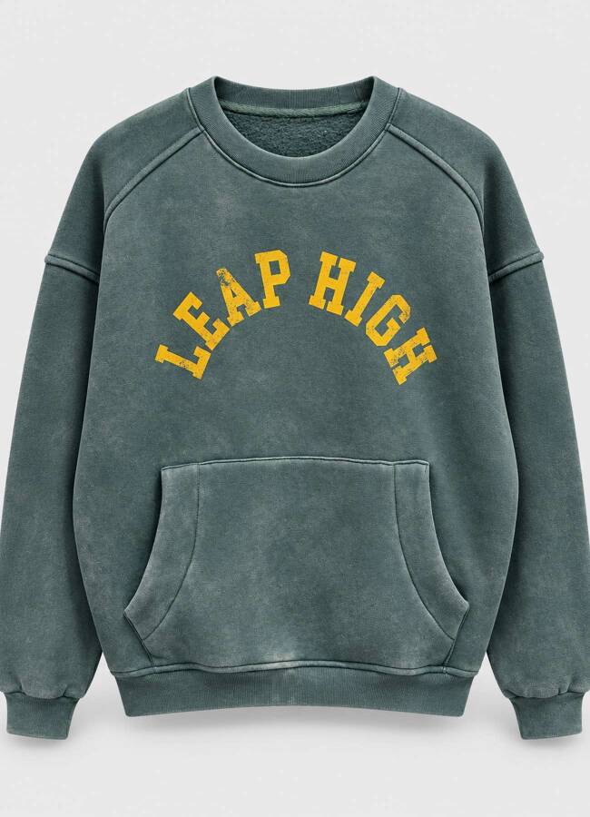 Yeşil Vintage Erkek Yıkamalı Baskılı Oversize Sweatshirt